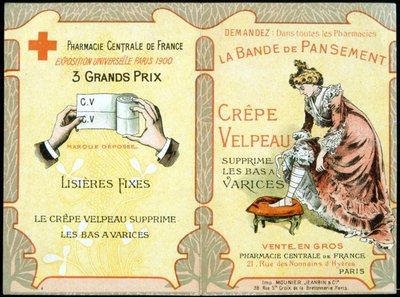 Advertising card of “” The Velpeau Crepe Dressing Band removes varicose stockings””. Sd. 19th century. بواسطة المدرسة الفرنسية
