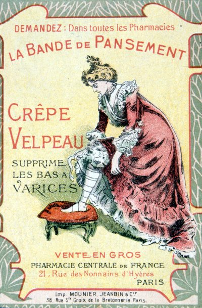 Advertising card of “” The Velpeau Crepe Dressing Band removes varicose stockings””. Sd. 19th century. بواسطة المدرسة الفرنسية