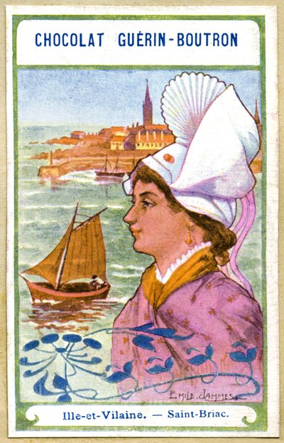 الإعلان عن الطباعة الحجرية الملونة للشوكولاتة Guerin Boutron ، أغطية الرأس لمناطق فرنسا ، Ille et Vilaine ، Saint Briac ، التوضيح Emile Jammes (chromolithograph) بواسطة المدرسة الفرنسية