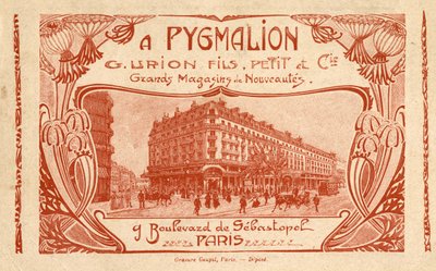 إعلان عن متجر "" Stores de Nouveltes A Pygmalion "" 9 شارع دي سيباستوبول في باريس. بواسطة المدرسة الفرنسية