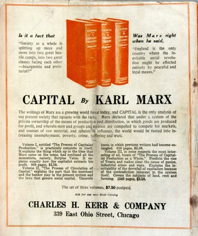 الإعلان عن بيع كتاب كارل ماركس "Le Capital" في مجلة أمريكية بواسطة المدرسة الفرنسية