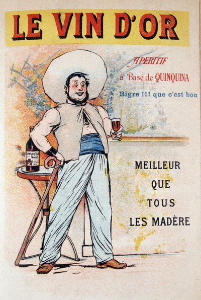 ملصق إعلاني للمقبلات مقتبس من quinquina Le Vin d'Or "" Meilleur que tous les maderes "" ، حوالي 1900 بواسطة المدرسة الفرنسية