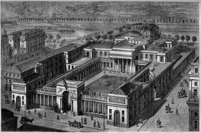 منظر جوي لقصر جوقة الشرف في باريس ، بعد ترميمه عام 1873. يُسمى أيضًا "فندق دي سالم". نقش بلانشارد في "" Le Magasin الخلابة "" بواسطة المدرسة الفرنسية