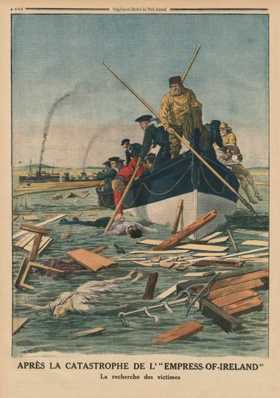 بعد كارثة إمبراطورة أيرلندا ، البحث عن الضحايا ، رسم توضيحي للغلاف الخلفي من `` Le Petit Journal &39;&39; ، ملحق illustre ، 14 يونيو 1914 بواسطة المدرسة الفرنسية