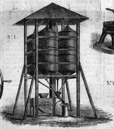 آلة زراعية: علية متحفظة للقمح قدمت في المعرض الزراعي لعام 1860 في باريس. نقش في "" Le Monde Illustré "" رقم 168 بتاريخ 30 يونيو بواسطة المدرسة الفرنسية