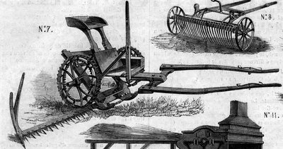 آلة زراعية: جزازة حصادة أمريكية قدمت في مسابقة باريس الزراعية عام 1860. نقش في "Le Monde Illustré" رقم 169 بتاريخ 7 يوليو 1860. بواسطة المدرسة الفرنسية