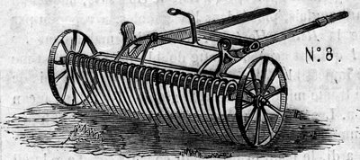 آلة زراعية: مجرفة خيل إنجليزية قدمت في مسابقة باريس الزراعية عام 1860. نقش في "Le Monde Illustré" رقم 169 بتاريخ 7 يوليو 1860. بواسطة المدرسة الفرنسية