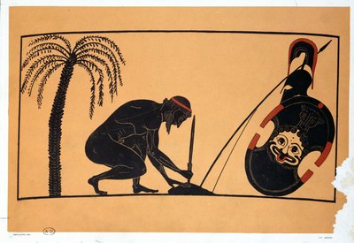 يستعد أياكس للانتحار ، رسم توضيحي لمزهرية يونانية عتيقة (لون ليثو) بواسطة المدرسة الفرنسية