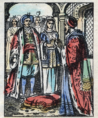 زفاف علاء الدين مع ابنة السلطان. نقش حكاية ألف ليلة وليلة "" علاء الدين والمصباح الرائع ". تصوير إبينال ، أواخر القرن التاسع عشر. مجموعة خاصة. بواسطة المدرسة الفرنسية