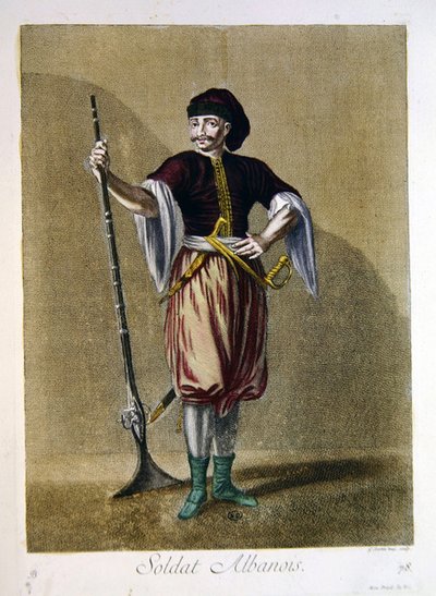 جندي ألباني ، من "Recueil d'Estampes sur les Costumes du Levant" ، نقشها جيرارد جان بابتيست سكوتان (1671-1716) 1707-08 (نقش ملون) بواسطة المدرسة الفرنسية