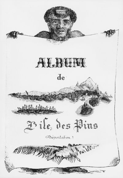ألبوم جزيرة باينز ، كاليدونيا الجديدة ، الترحيل ، الغلاف الأمامي التوضيحي ، 1877 (bw litho) بواسطة المدرسة الفرنسية