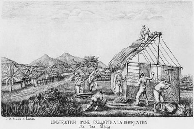 ألبوم جزيرة الصنوبر ، بناء كوخ من القش من قبل المرحلين ، 1878-1879 بواسطة المدرسة الفرنسية