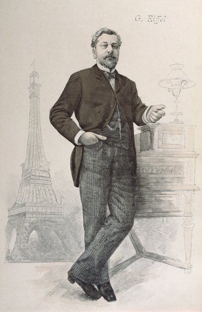 ألكسندر جوستاف إيفل يقف بجانب مكتبه مع رسم لجولة إيفل ، رسم توضيحي من La Revue Illustree ، 1888 بواسطة المدرسة الفرنسية