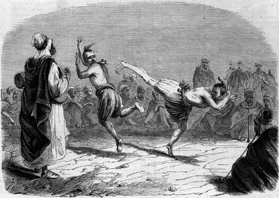 العرف الجزائري: الرقص العربي. رسم السيد ريغو ، بناءً على رسم تخطيطي للسيد أميلير ، قائد الكتيبة. نقش في "" Le Monde Illustré "رقم 86 بتاريخ 11 ديسمبر 1858. بواسطة المدرسة الفرنسية