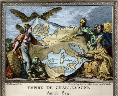 صورة رمزية تصور إمبراطورية شارلمان عام 814 - نقش من "Figures de l'Histoire de France" ، أواخر القرن الثامن عشر بواسطة المدرسة الفرنسية