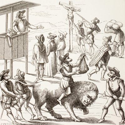 صورة مجردة من الزوائد التي قيل أنها ارتكبت من قبل Huguenots ، من "الحياة العسكرية والدينية في العصور الوسطى" بقلم بول لاكروا ، نُشرت في لندن عام 1880 بواسطة المدرسة الفرنسية