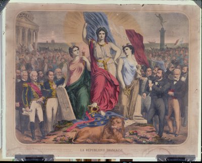 رمزية الجمهورية الفرنسية التي تصور أدولف ثيرز (1797-1877) وليون جامبيتا (1838-1882) وفيكتور هوغو (1802-1885) بواسطة المدرسة الفرنسية