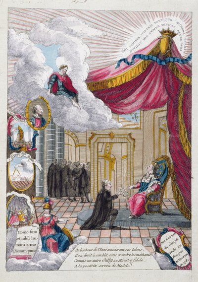 رمزية التقرير المقدم إلى لويس السادس عشر (1754-93) من قبل جاك نيكر (1732-1804) في 1781 (نقش الألوان) بواسطة المدرسة الفرنسية