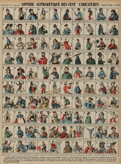 Alphabetical lottery of a hundred caricatures (coloured engraving) بواسطة المدرسة الفرنسية