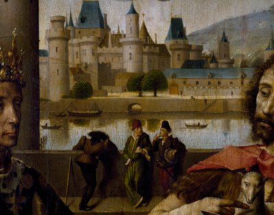 Altarpiece of Parliament of Paris, detail of Louvre and Seine بواسطة المدرسة الفرنسية
