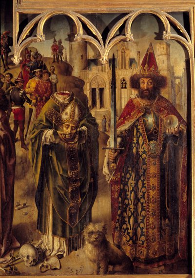 Altarpiece of the Parliament of Paris: detail of the right part representing the Christian martyr Saint Denis of Paris (3rd century) is decapite and holds his head in his hands, next to him Emperor Charlemagne (742-814) as a Byzantine emperor. The dog is a بواسطة المدرسة الفرنسية