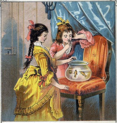 أميلي وإيما لديهما سمكتان جميلتان في جرة. يطعمونها بشكل روتيني. Chromolithography من "" مشاهد enfantines "" "أد. غيران - مولر حوالي عام 1885. بواسطة المدرسة الفرنسية