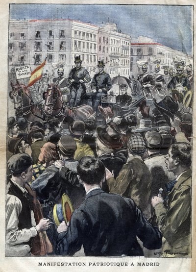 الحرب الأمريكية الإسبانية (أو ديزاستري عام 1898) - مظاهرة وطنية في مدريد عام 1898 بحضور الملكة ماري كريستين ملكة إسبانيا (1858-1929) - نقش في "لا بيتيت جيروند" عام 1898 بواسطة المدرسة الفرنسية