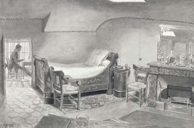 الداخلية العلية لفنان في باريس ، c.1830 (قلم وحبر بني داكن ومراحيض بني داكن على الورق) بواسطة المدرسة الفرنسية