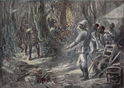 يكتشف مسافر إنجليزي لويد الأقزام أثناء استكشافه لأفريقيا. نقش في "" Le Pelerin "" 1899-04-8. بواسطة المدرسة الفرنسية