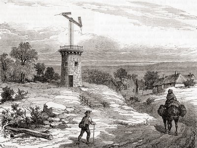 An aerial telegraph post in the 18th century, from Les Merveilles de la Science, published c.1870 (engraving) بواسطة المدرسة الفرنسية