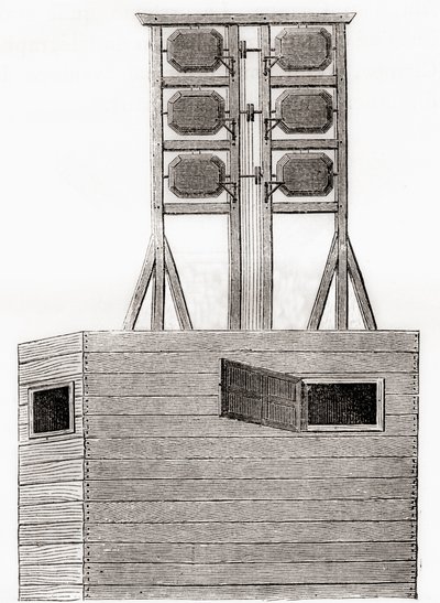 An aerial telegraph system used in England in the 18th century, from Les Merveilles de la Science, published c.1870 (engraving) بواسطة المدرسة الفرنسية