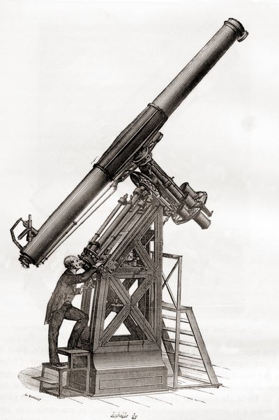 An equatorial telescope in the Paris Observatory, France in the 19th century, from Les Merveilles de la Science, published c.1870 (engraving) بواسطة المدرسة الفرنسية