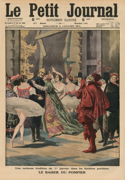 تقليد غريب في 1 يناير في المسارح الباريسية ، "Fireman Kiss" ، صورة الغلاف الأمامي من "Le Petit Journal" ، ملحق illustre ، 4 يناير 1914 بواسطة المدرسة الفرنسية