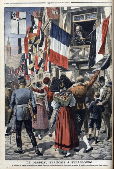 يُسمح لجندي فرنسي قديم في مدينة ستراسبورغ التي احتلتها ألمانيا بعرض العلم الفرنسي - "Le Petit Journal" في 20 سبتمبر 1908 (نقش) بواسطة المدرسة الفرنسية