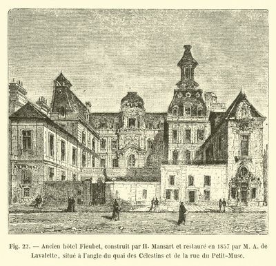 فندق Fieubet السابق ، بناه H Mansart وتم ترميمه في عام 1857 بواسطة MA de Lavalette ، الذي يقع في زاوية Quai des Celestins وشارع Petit-Musc بواسطة المدرسة الفرنسية