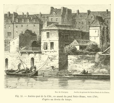 السابق Quai de la Cite ، أعلى المنبع من جسر Notre-Dame ، حوالي عام 1780 ؛ من رسم الزمن بواسطة المدرسة الفرنسية