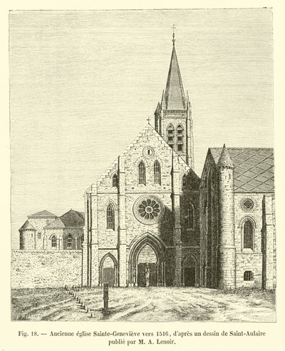 كنيسة Sainte-Genevieve السابقة حوالي عام 1516 ، بعد رسم رسمه Saint-Aulaire نشره MA Lenoir بواسطة المدرسة الفرنسية