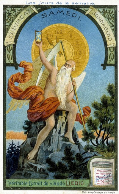 الألوهية القديمة تحمل ساعة رملية كرمز لمضي الوقت لتوضيح يوم السبت. بطاقة إعلانات Liebig Chromolithographic الإعلانية. بواسطة المدرسة الفرنسية