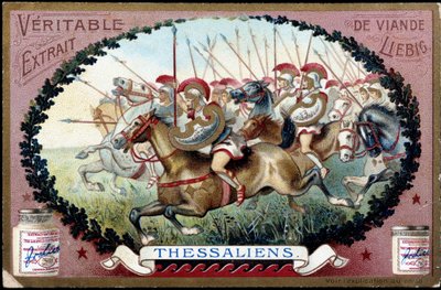 اليونان القديمة: ثيساليا في العصور القديمة. هجوم الفرسان الثيسالي على الرومان. ليبيج chromolithography من نهاية القرن التاسع عشر. بواسطة المدرسة الفرنسية