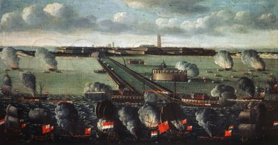 Anglo-Dutch fleet bombarding Dunkirk in 1695 بواسطة المدرسة الفرنسية