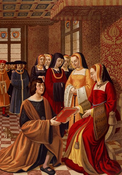 آن بريتاني (1477-1514) محاطة بسيدات الشرف. الطباعة الحجرية الملونة بعد منمنمة القرن السادس عشر. مكتبة الآداب ديكو ، باريس بواسطة المدرسة الفرنسية