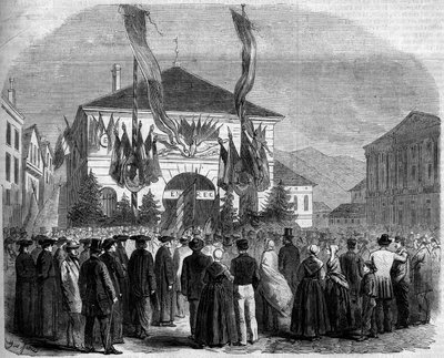 ضم سافوا إلى فرنسا ، شامبيري ، 22 أبريل 1860: تصويت السكان على إلحاق سافوا بفرنسا. نقش في "" Le Monde Illustré "" رقم 160 بتاريخ 5 مايو 1860. بواسطة المدرسة الفرنسية