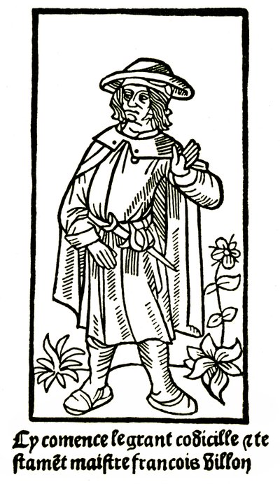 Apocryphal portrait of the poet Francois Villon in “The Grand Testament” - “Cy comence le grant codicille & testamet maistre Francois Villon"” (here begins the grand codicille et testament) edition P Levet 1489 (woodcut) بواسطة المدرسة الفرنسية