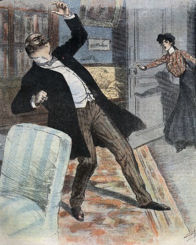 هجوم السكتة الدماغية (توقف مفاجئ لنشاط الدماغ نتيجة حادث للدورة الدموية في الدماغ). رسم توضيحي لنهاية القرن التاسع عشر لرواية "gogosse" لماكس فيلمر. بواسطة المدرسة الفرنسية