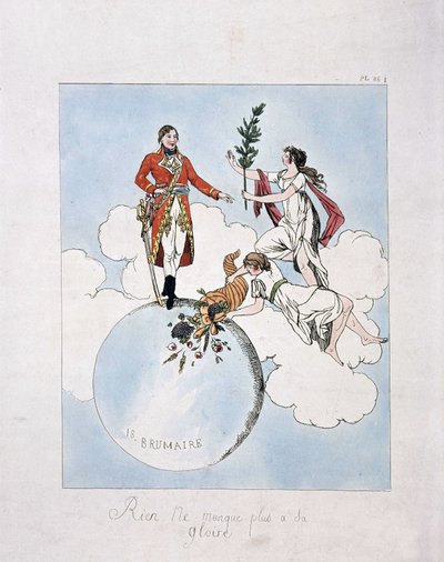 تأليه نابليون بونابرت خلال انقلاب 18 عام برومير الثامن (9.11.1799). (الحوريات تقدم له الغار وقرن الوفرة) بواسطة المدرسة الفرنسية