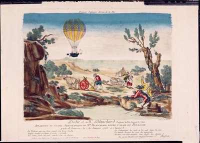 ظهور منطاد الهواء الساخن جان بيير بلانشارد (1753-1809) بين كاليه وبولون ، 1785 بواسطة المدرسة الفرنسية