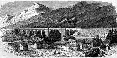 الهندسة المعمارية: منظر لجسر Bellegarde (رون ألب) على خط السكة الحديد الذي يربط ليون بجنيف. 1858. نقش في "Le Monde Illustré" رقم 49 بتاريخ 20 مارس 1858. بواسطة المدرسة الفرنسية