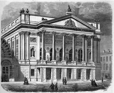 الهندسة المعمارية: منظر لواجهة المسرح الإيطالي في لندن (إنجلترا) عام 1858. نقش في "" Le Monde Illustré "" رقم 38 في 2 يناير بواسطة المدرسة الفرنسية