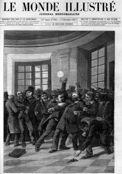 اعتقال أوبيرتين بعد محاولته الهجوم على جول فيري في قصر بوربون في عام 1887. غلاف "" العالم اللامع "من عام 1887. بواسطة المدرسة الفرنسية