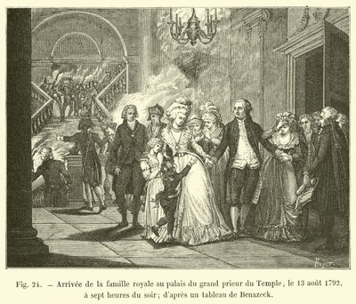 وصول العائلة المالكة إلى قصر المعبد الكبير ، 13 أغسطس 1792 ، الساعة السابعة مساءً ؛ من لوحة بنازيك بواسطة المدرسة الفرنسية